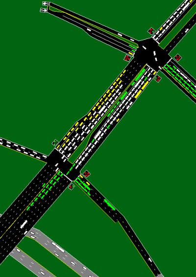 Corsim Simulation of a mess at an interchange.