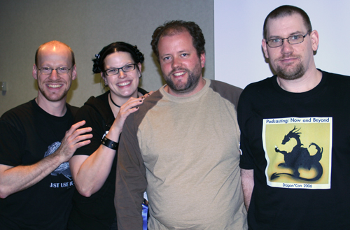 The Hosts of the Science in Science Podcasting session at Dragon*Con '06.  (LtR) Phil Plait, Swoopy, Fraser Cain, Derek Colanduno