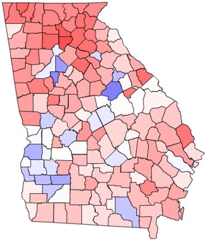 County Breakdown of Purdue/Taylor wins for the Georgia Governor Race. Courtesy CNN.com